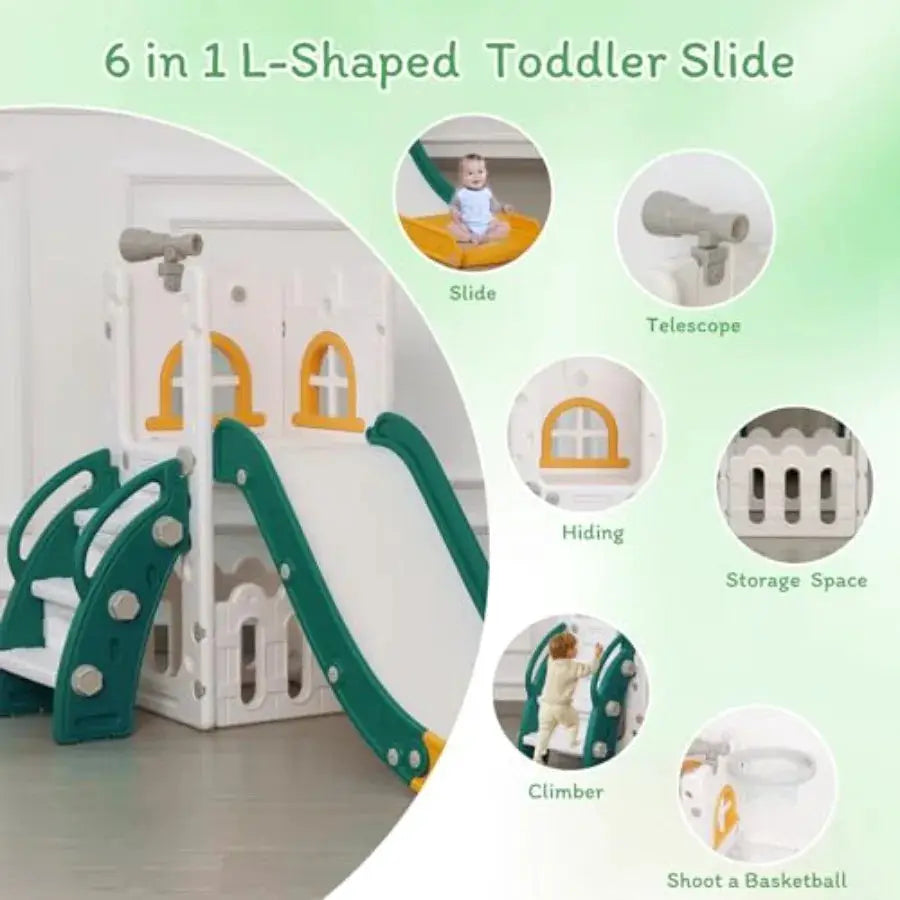 6 in 1 Toddler Slide, Climber Slider for Indoor Outdoor Playground with Basketball Hoop, Storage and Telescope, L Shaped Slide - ToylandEU