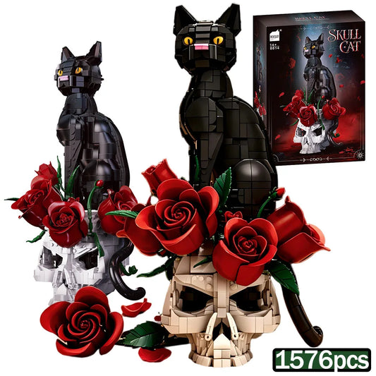 Building Blocks | 1576 Pieces | Black Rose Skull Cat | Desktop Model Kit