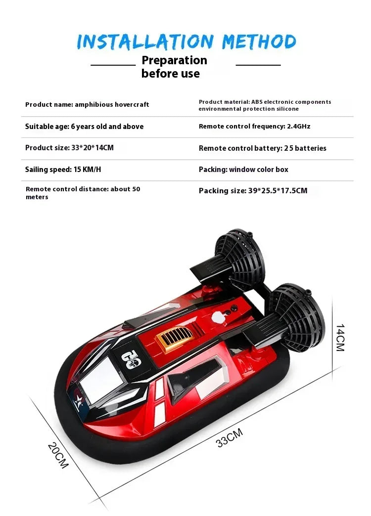 RC 4-Way Remote Control Amphibious Hovercraft Speedboat for Kids - High-Speed Electric Land and Water Racing Toy