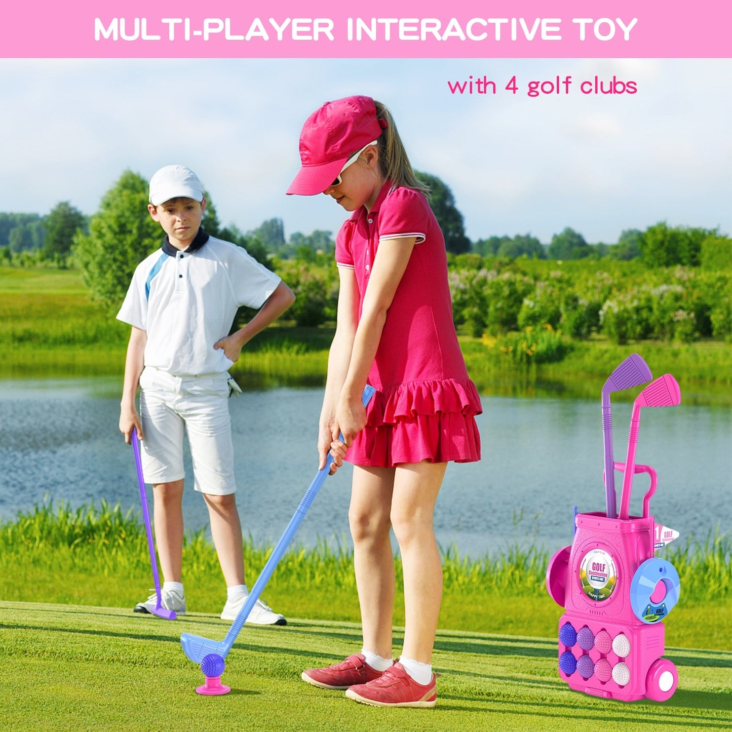 Pink Toddler Golf Set with 6 Balls, 4 Sticks, 2 Holes, and Putting Mat - Kids' Toys for Girls Aged 2-5+