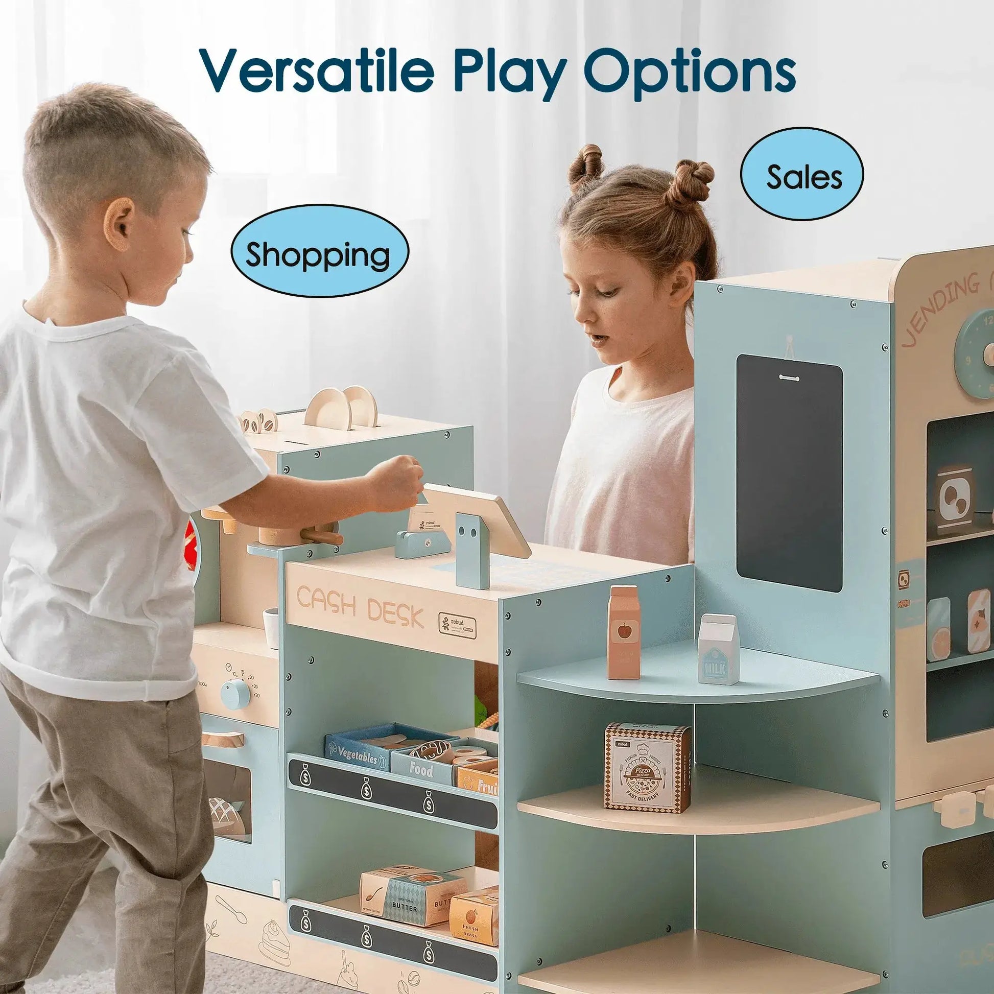 ROBUD Corner Coffee Shop Play Set Grocery Store Playset with Cash Register Chalkboard Play Food Accessories Gift for Kids 3+ - ToylandEU