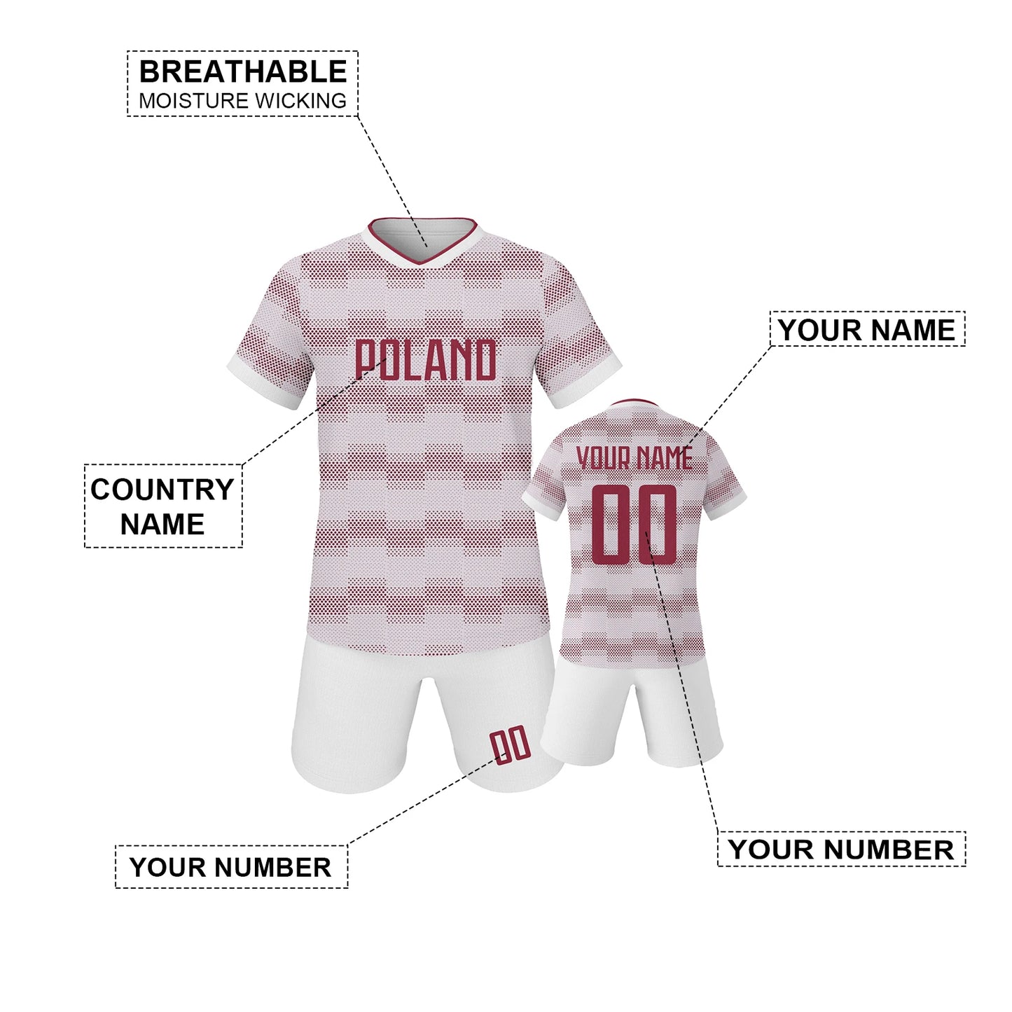 Personalized Kids Poland Soccer Jersey Set - Custom Name and Number Youth Training Uniform