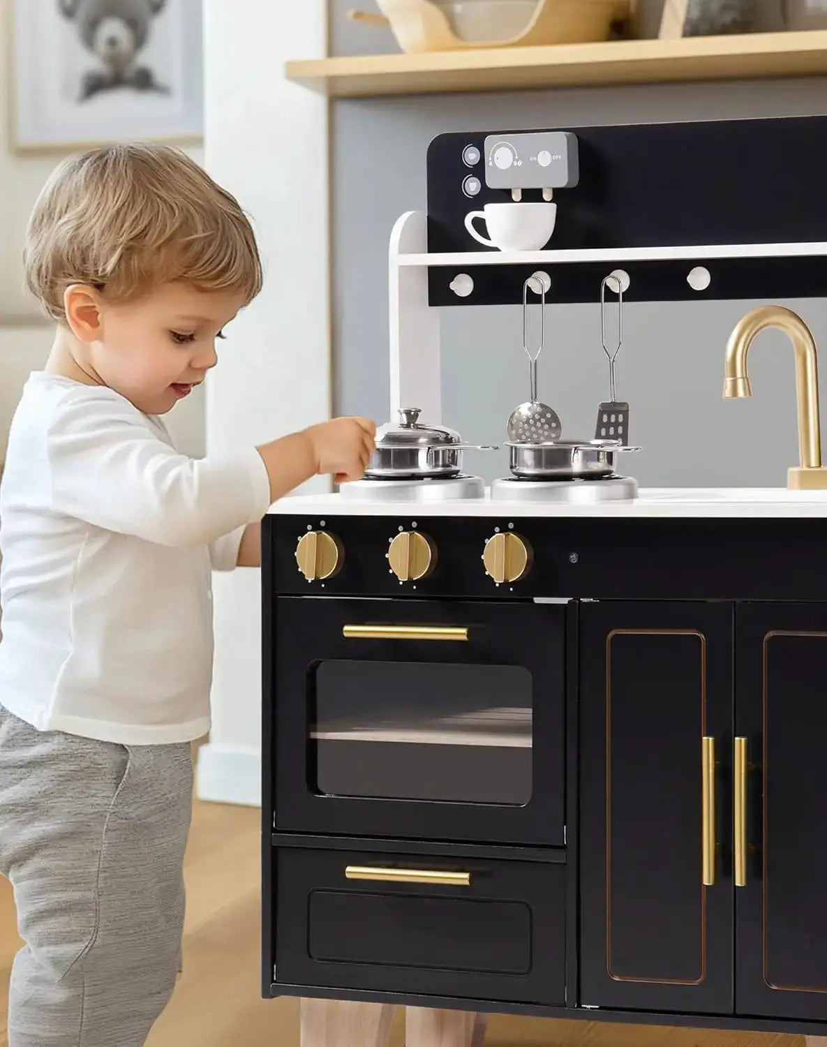 Play Kitchen for Kids, Wooden Kids Play Kitchen Playset, Toddler Kitchen Pretend Play Set with Marble-Style Countertop, Modern T - ToylandEU