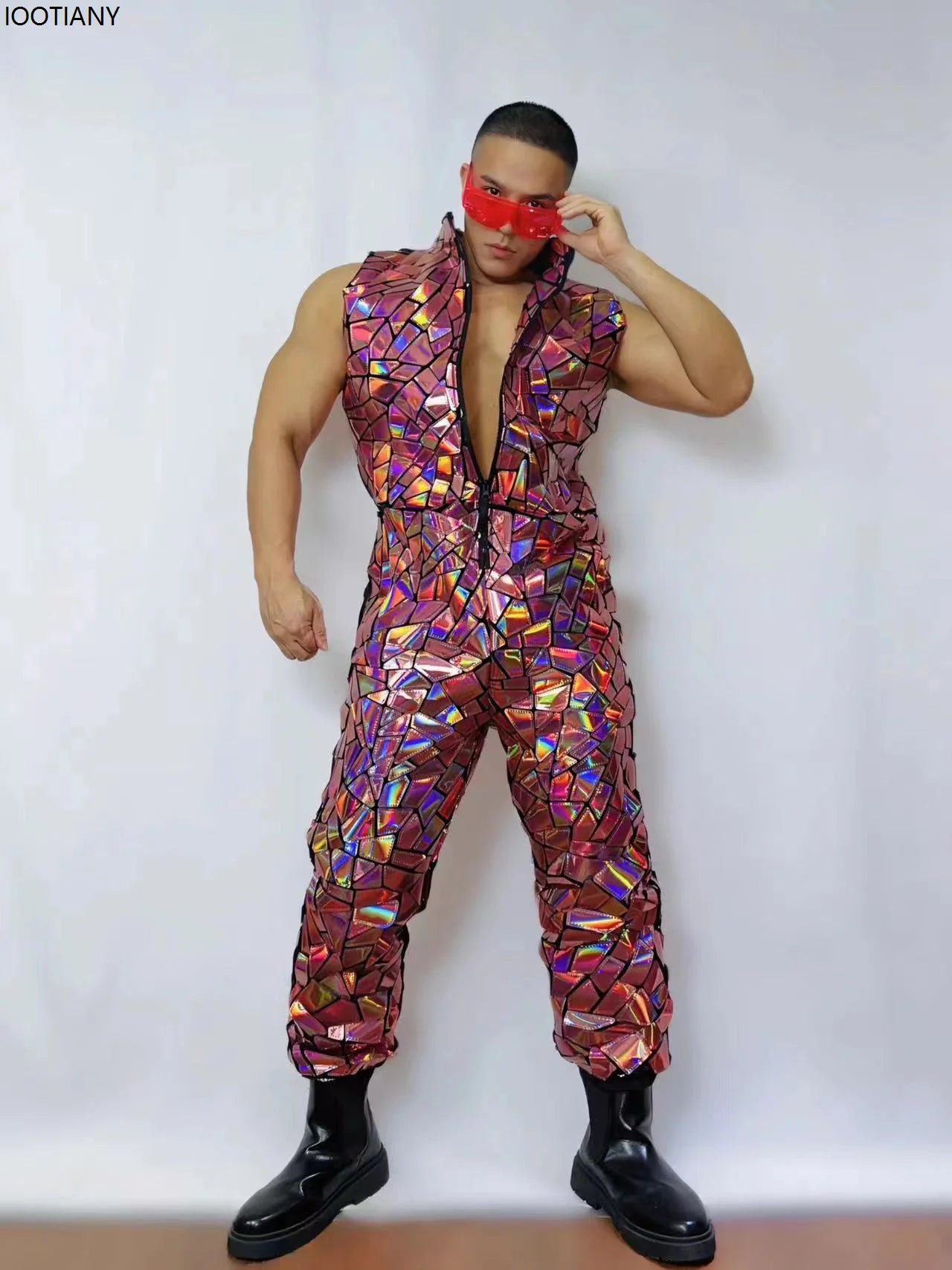 Men's Laser Mirror Sleeveless Jumpsuit | Sequin Bodysuit | Hip Hop Dancer Costume