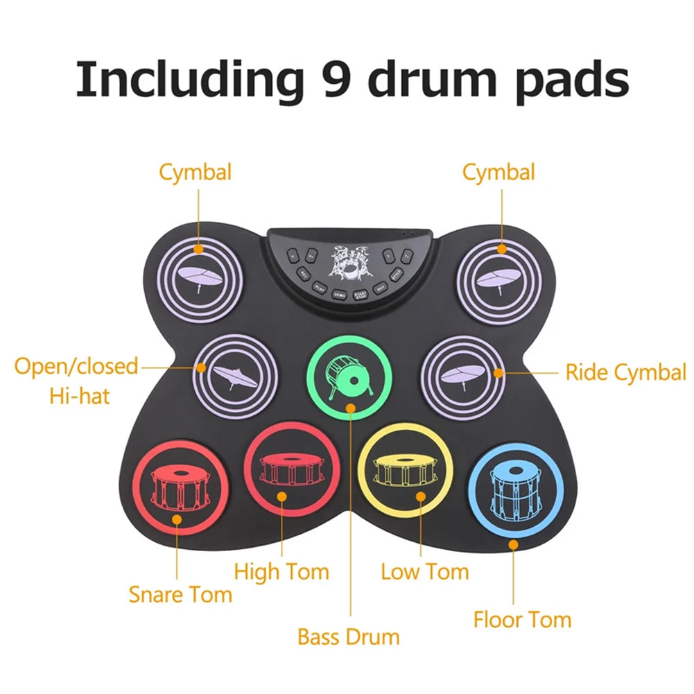 Portable Electronic Drum Set With 9 Pads Sticks And Pedal