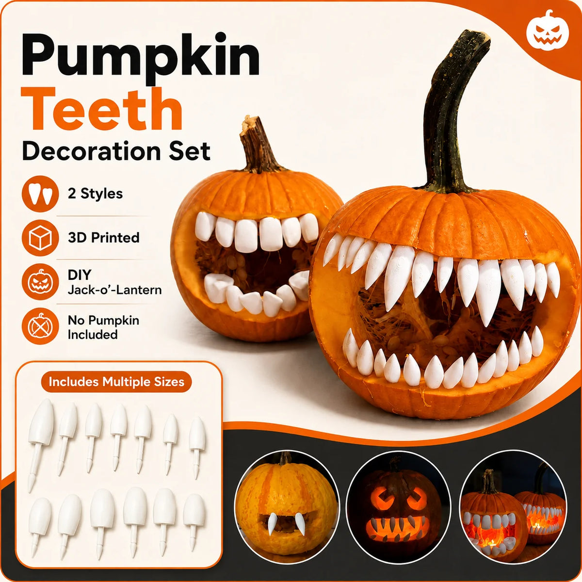 Pumpkin Fang Insert | 3D Printed Plastic | Halloween Teeth | DIY Carving Set