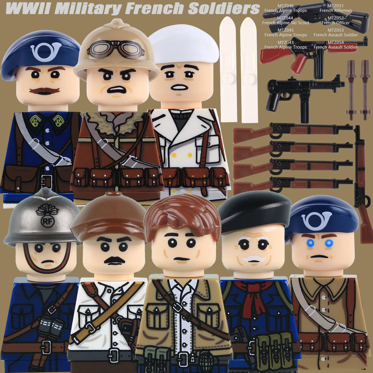 French Infantry Brick Set | WW2 Military Gear | Armor And Gun Kit | Kids Gift