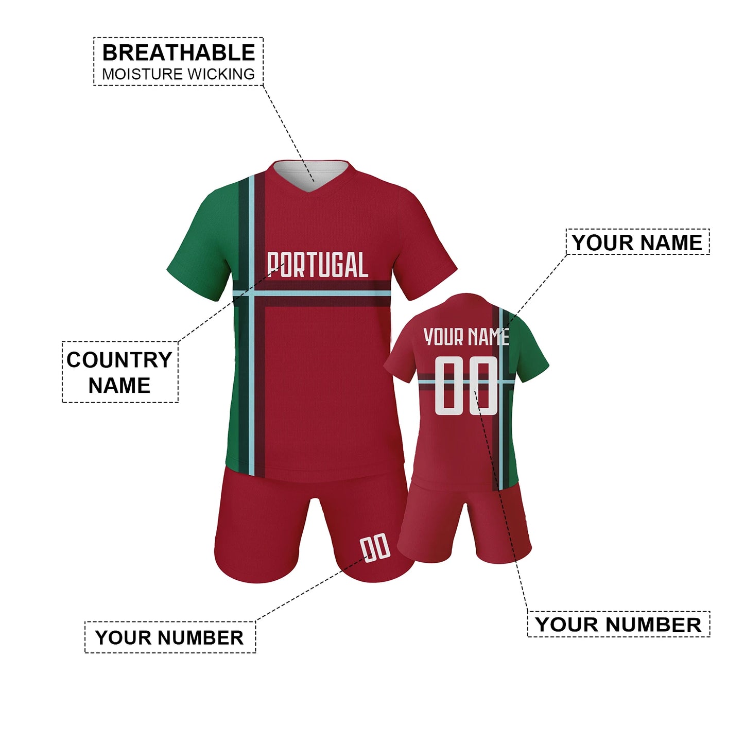 Customizable Portugal Youth Soccer Jersey - Personalized Name & Number Football Uniform for Kids Aged 3-14 Years