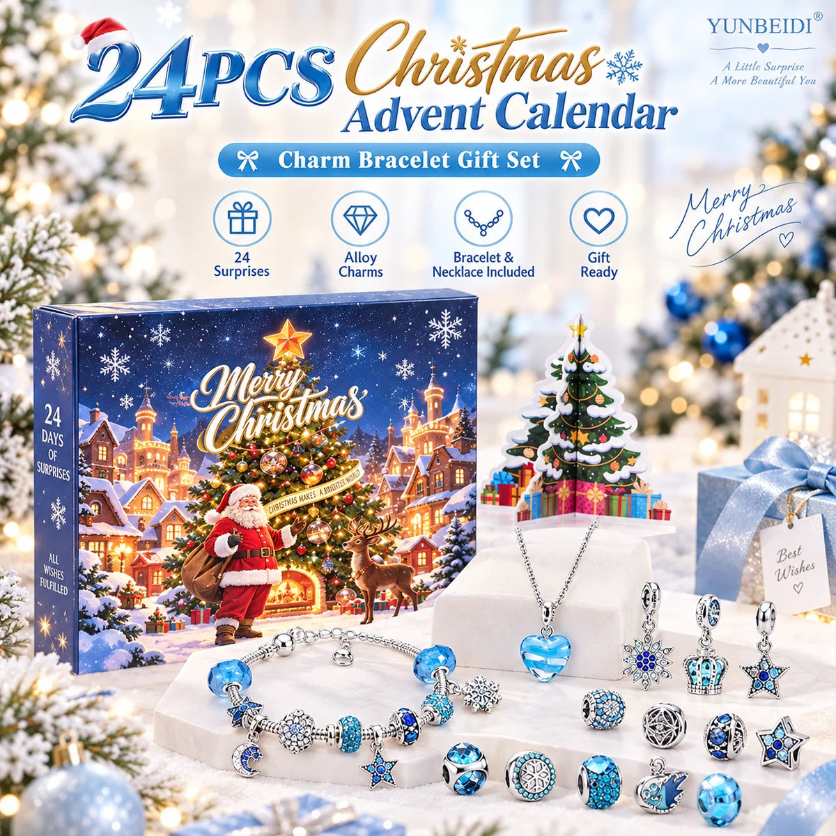 Advent Calendar | 24 Day Pendant Bracelet Gift Set | Alloy Metal Charms | Christmas Countdown Jewelry
