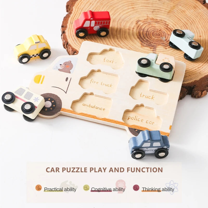 Montessori Wooden Jigsaw Puzzle | 6 City and Emergency Vehicles | Baby Toy