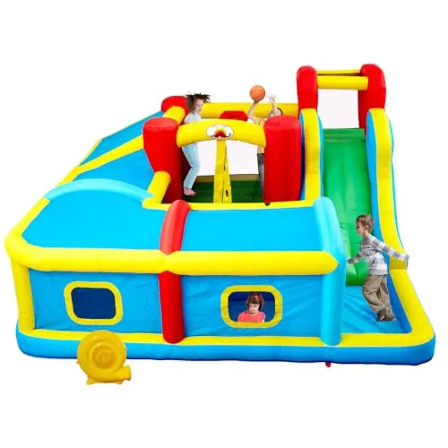 Inflatable Bounce House with Slide, Bouncy Castle and Jumping Castle with Blower and Wave Pool, Basketball Rim, Long Tunnel - ToylandEU