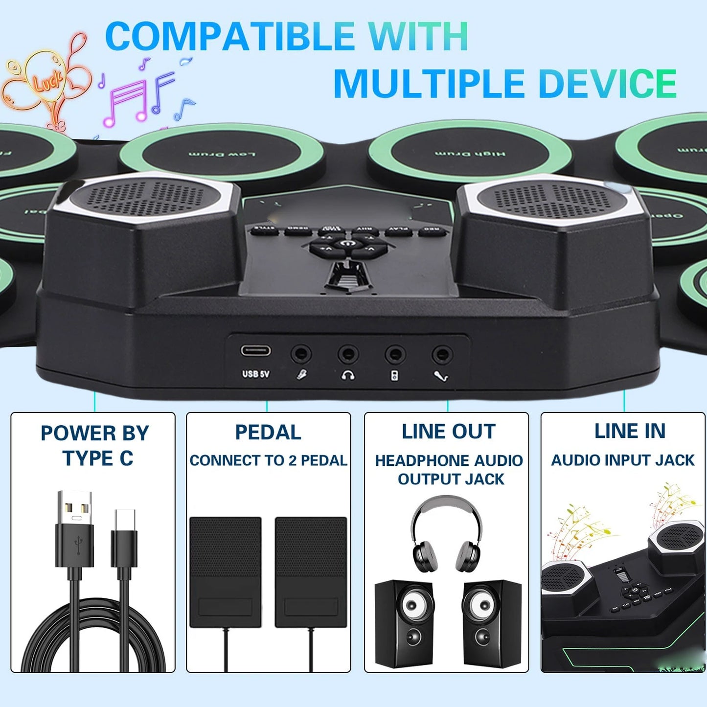 Roll Up Bluetooth Portable Electronic Drum Set With Led Lights