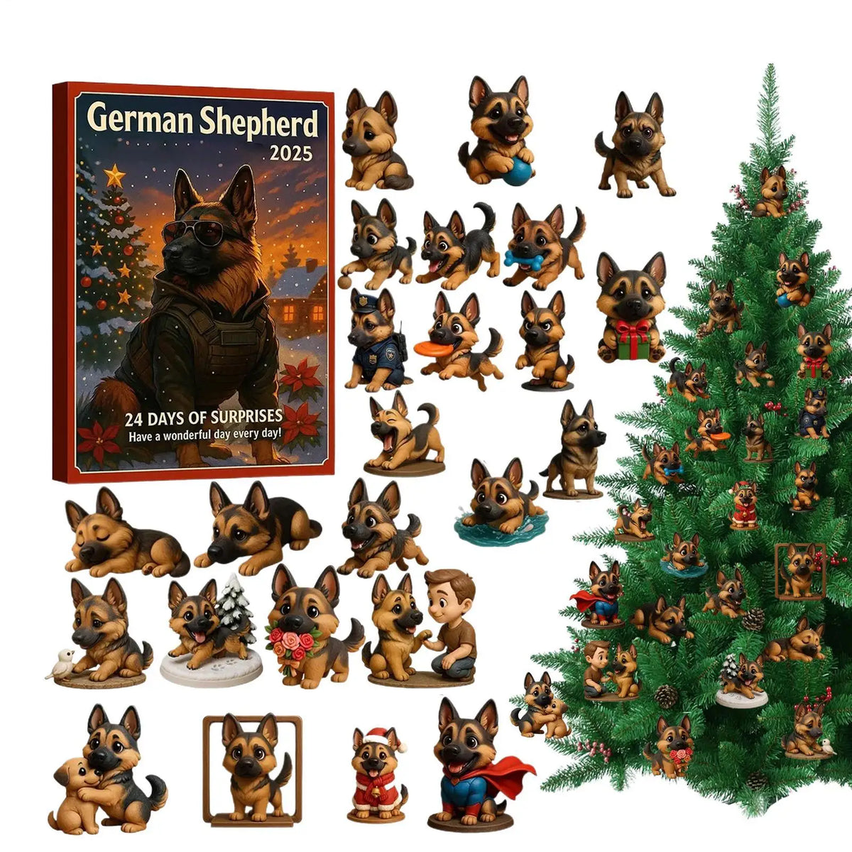 Advent Calendar | German Shepherd Ornaments | 24 Piece 2D Flat Dog Decorations | Kids And Adults Gift