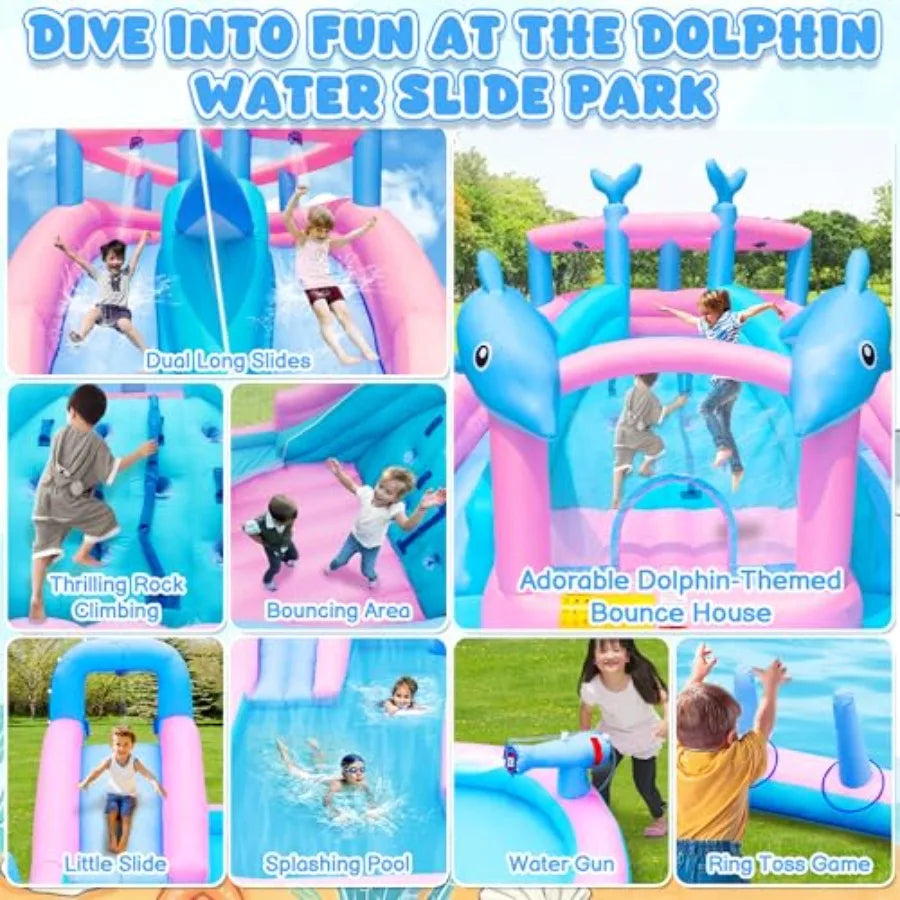 Inflatable Water Slide Dolphin Bounce House With Splash Pool