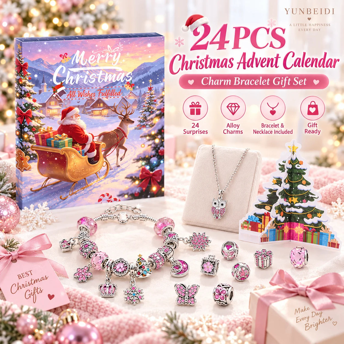 Advent Calendar | 24 Day Pendant Bracelet Gift Set | Alloy Metal Charms | Christmas Countdown Jewelry