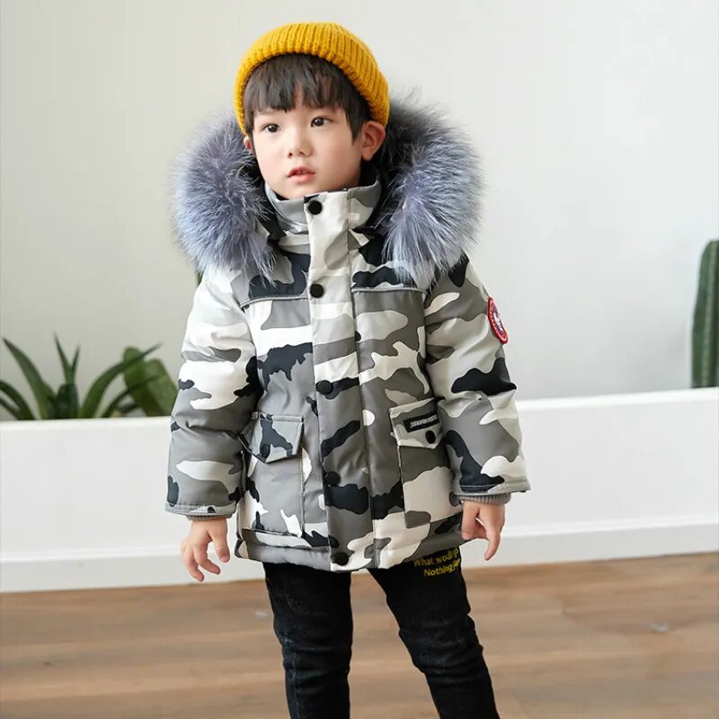 Children's Winter Down Jacket with Real Fur Trim for Girls and Boys -30 degree