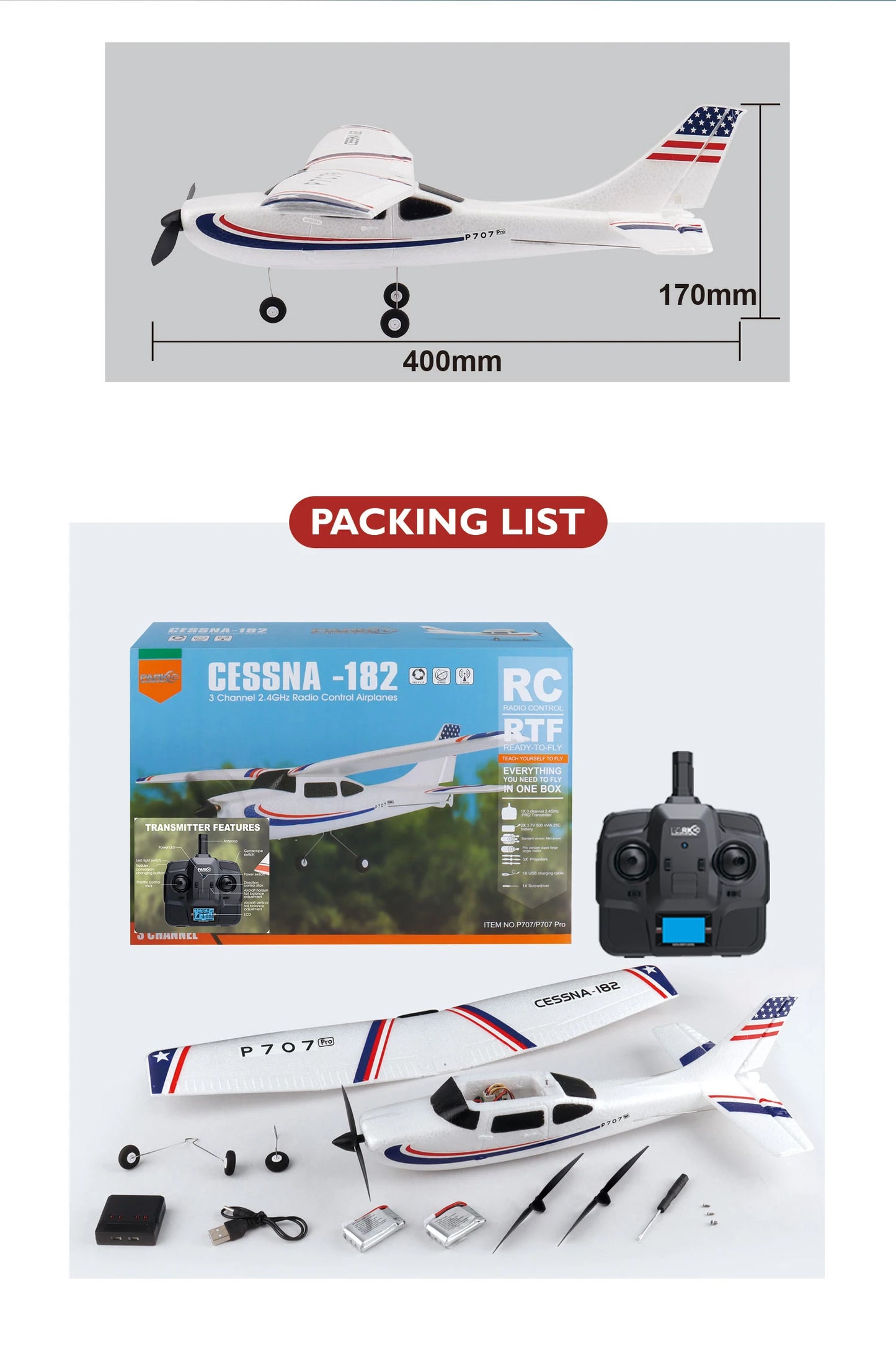 RC Parkten P707G PRO 3D/6G RC Glider with Gyro - Ready-to-Fly CESSNA 182 Drone for Outdoor Fun