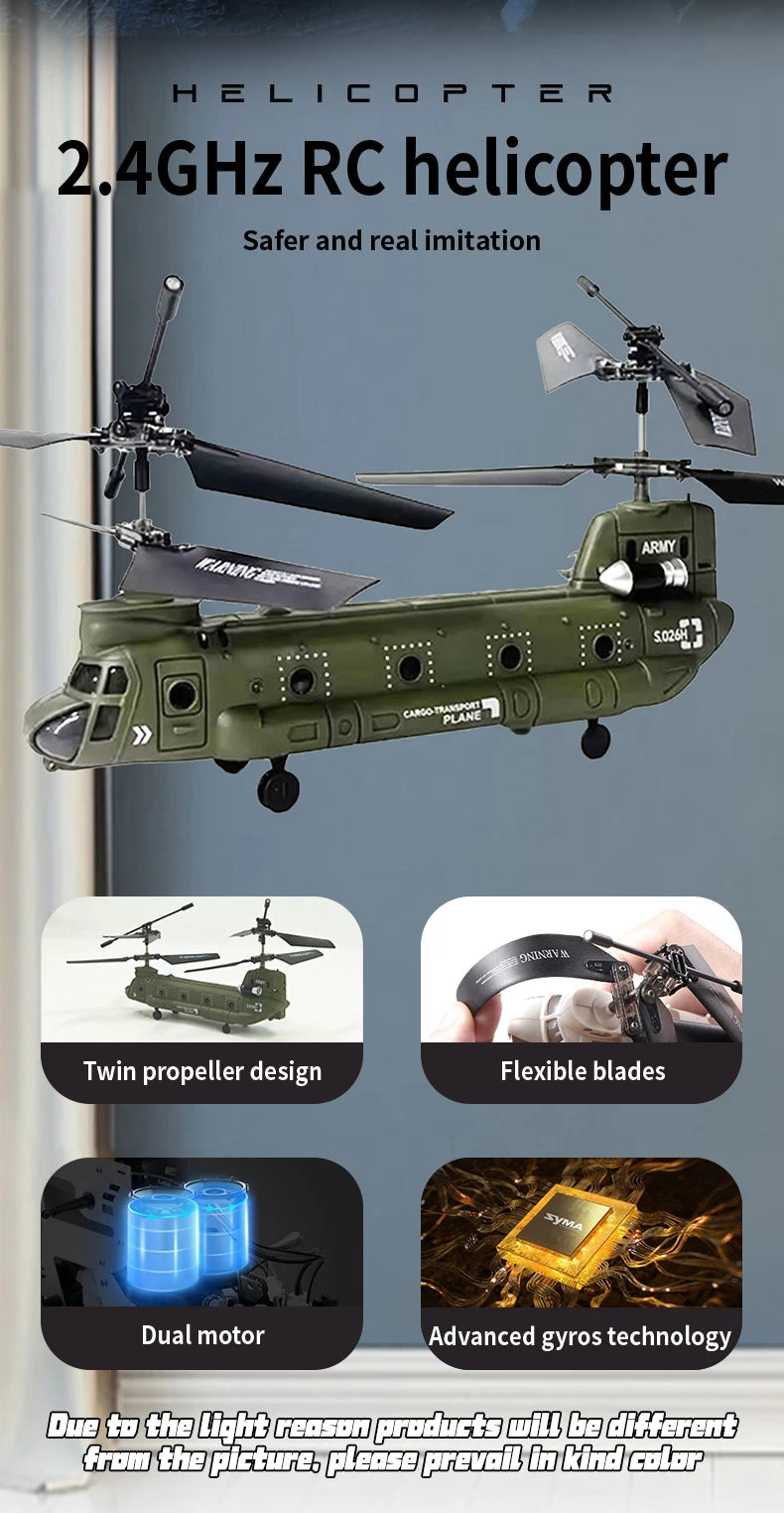 RC Remote Control Chinook CH-47 Helicopter Model S026H - 2.4G Double Paddle Transport Aircraft for Kids & Boys