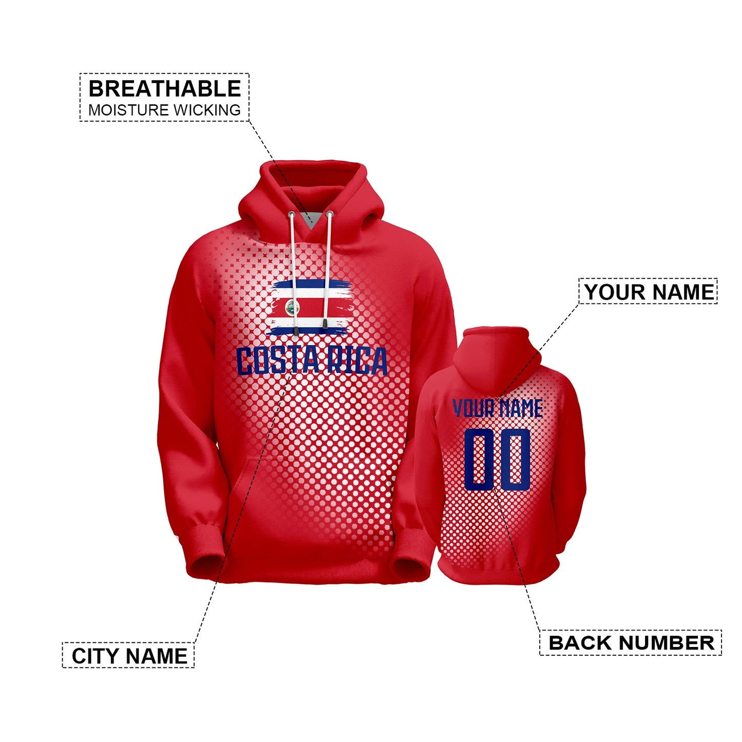 Personalized Costa Rica Soccer Hoodie Tracksuit for Men, Women, and Youth - Custom Name, Number, and National Flag Pullover Sweatshirt