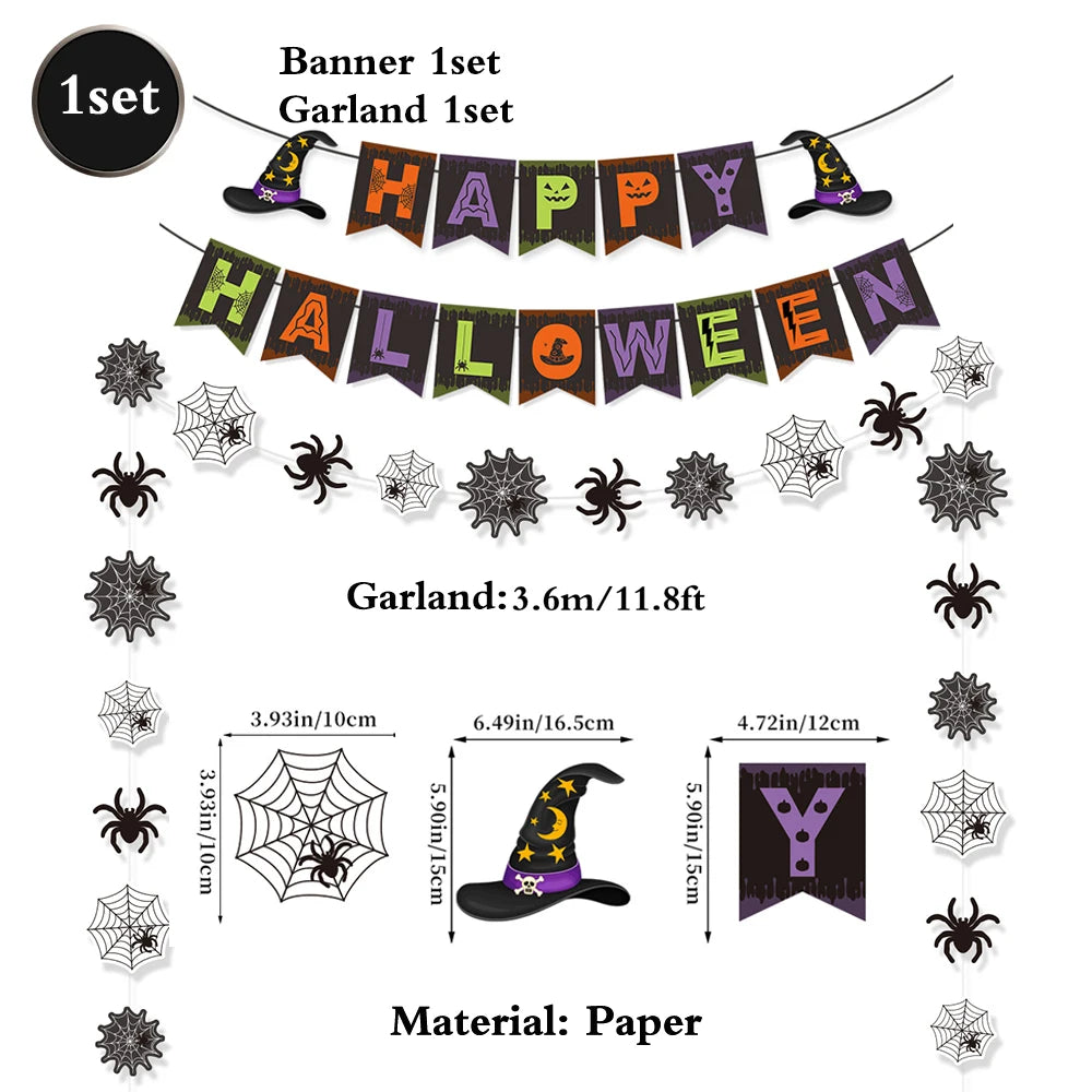 Halloween Decor Kit | Paper Banner Garland | Spider Web Swirls | Party Setup