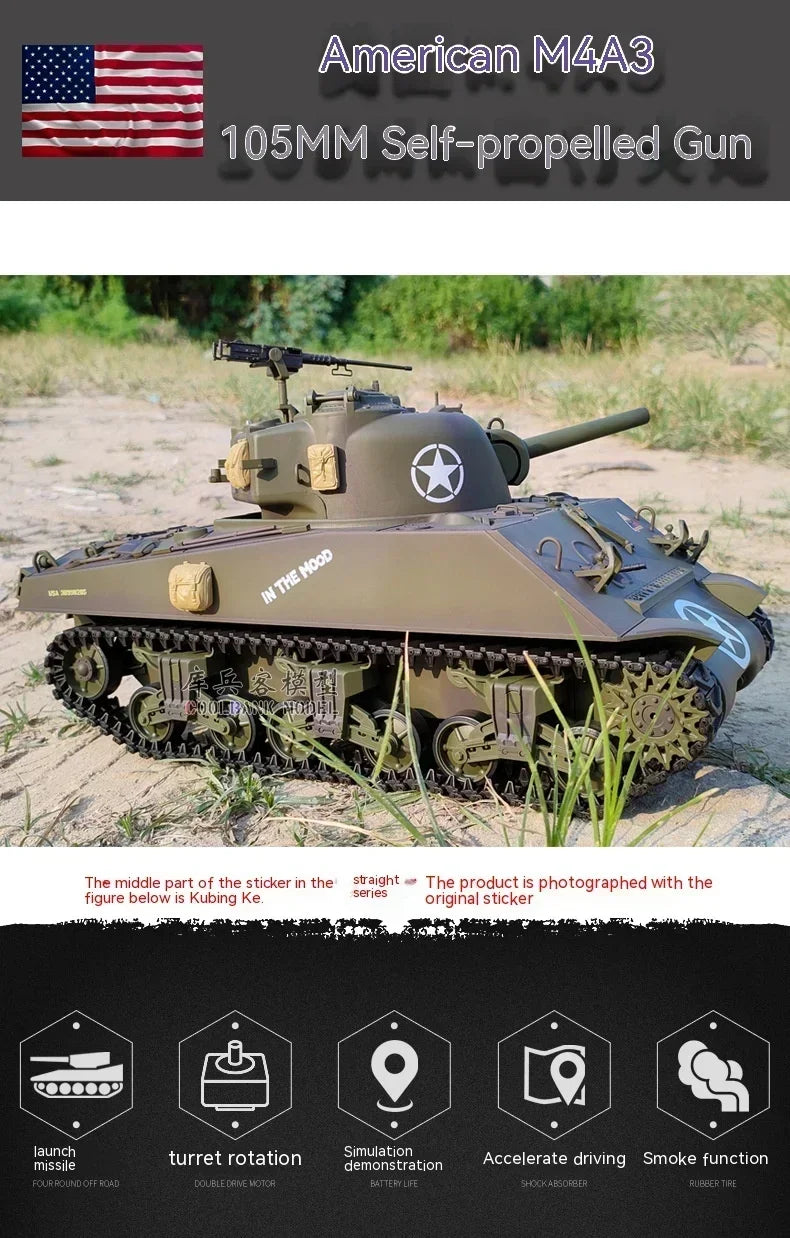 RC 1:16 Scale M4A3 Sherman Electric Remote Control Tank with Telescopic Gun Tube - Military Model Toy