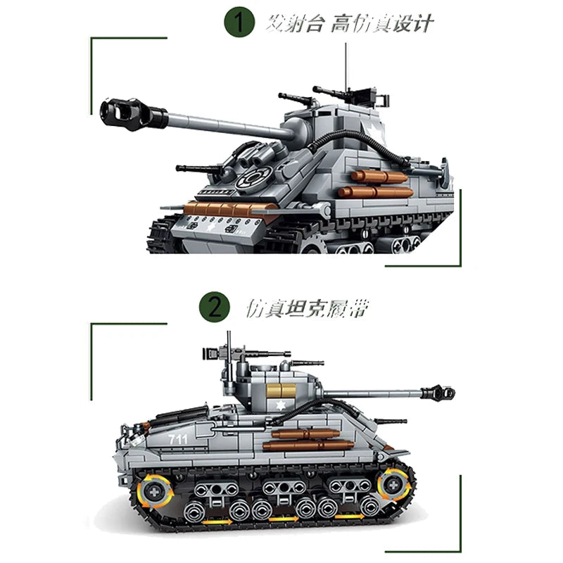 656-Piece Military Sherman M4 Tank Building Blocks Kit, Includes Paper Manual - ToylandEU