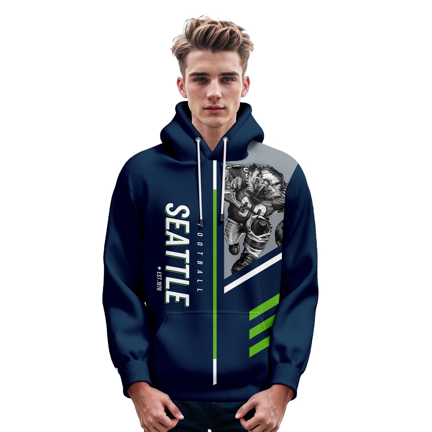 Personalized Seattle City Mascot 3D Print Football Hoodie - Custom Pullover Sweatshirt for Men, Women, and Youth Fans with Name and Number