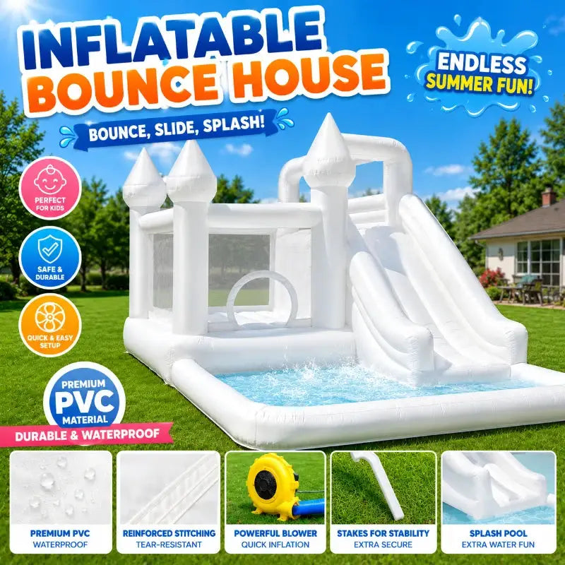 14FT Spire‑Top Inflatable White bounce house with Slide, Large Ball Pit and Middle Play Zone, Durable and Portable for party - ToylandEU