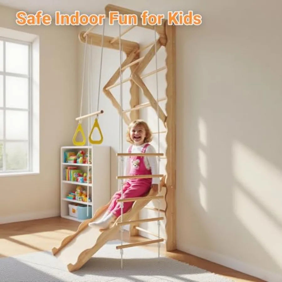 Wooden Indoor Jungle Gym With Wall Mounted Swedish Ladder