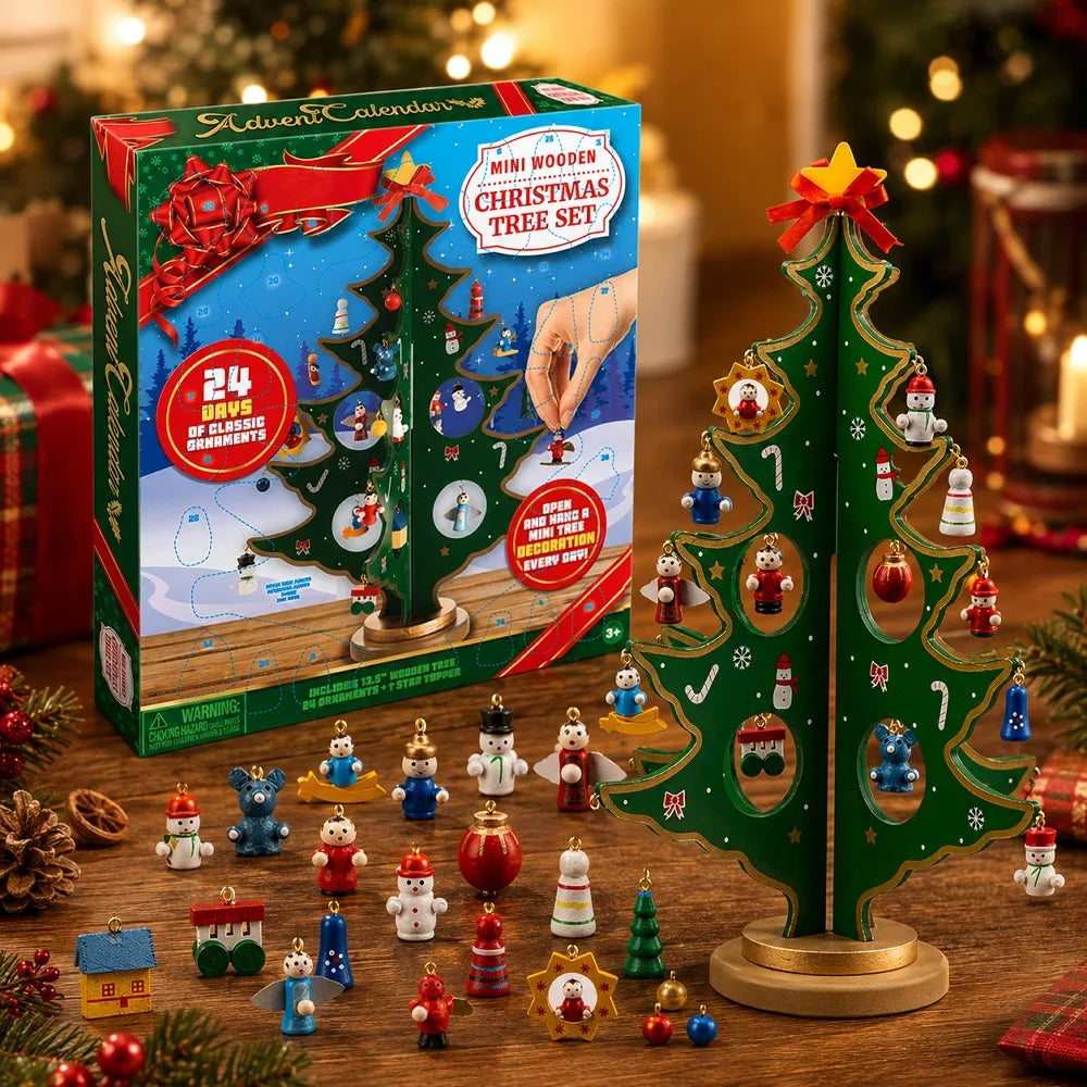 Advent Calendar | 24 Day Tabletop Wooden Christmas Tree | 28 Ornaments Snowman And Santa | Kids Party Favors Gift