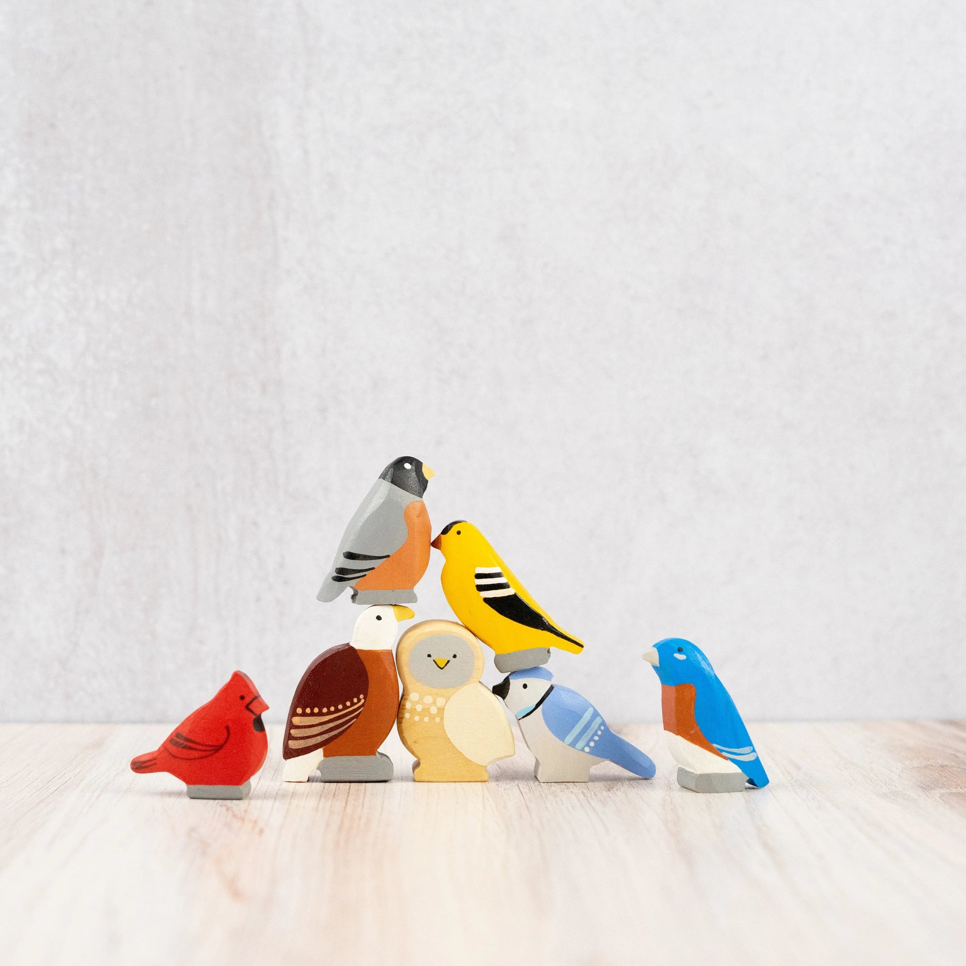 Hand Carved Wooden Bird Figurines Set Of Seven For Decor - ToylandEU