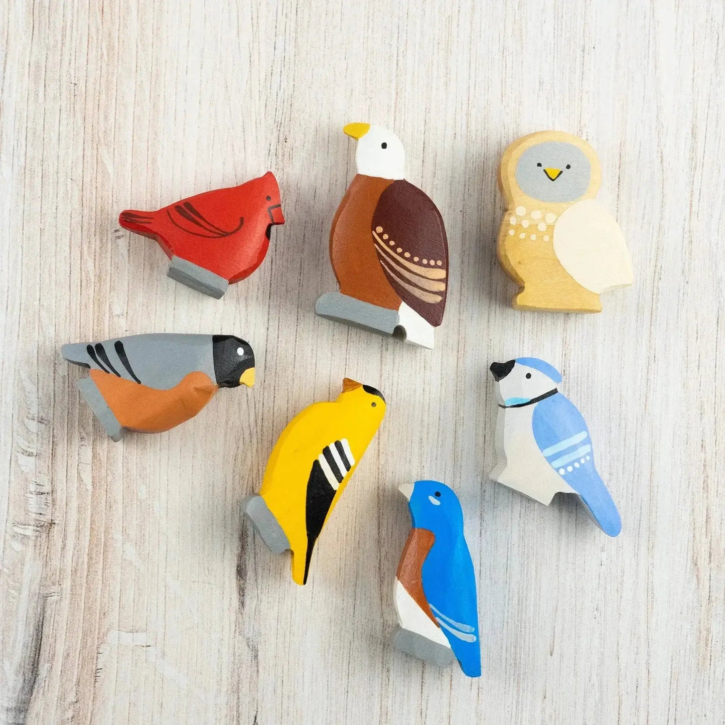 Hand-Carved Wooden Bird Figurines Set of Seven for Education Decor - ToylandEU