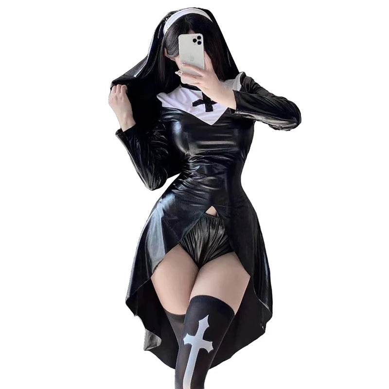 Sexy Gothic Nun Latex Costume High Split Cross Dress Women - ToylandEU