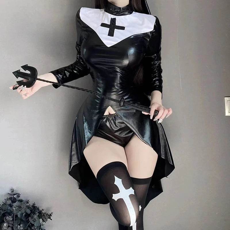 Sexy Gothic Nun Latex Costume High Split Cross Dress Women - ToylandEU