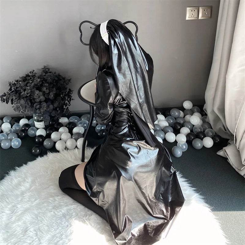 Sexy Gothic Nun Latex Costume High Split Cross Dress Women - ToylandEU