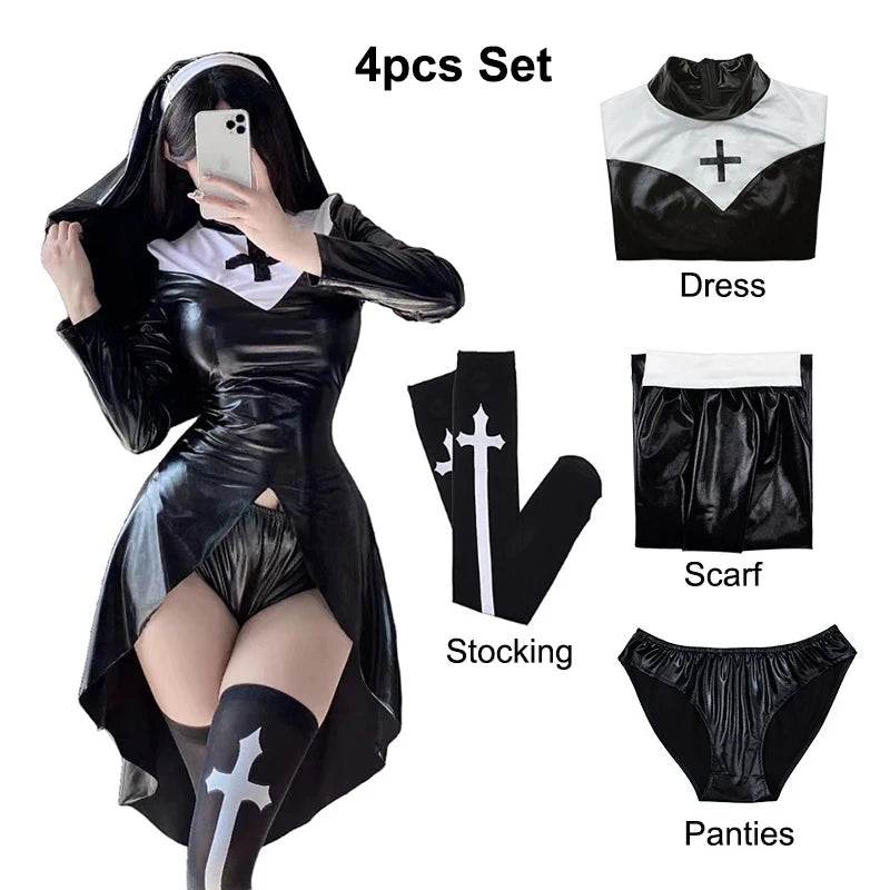 Sexy Gothic Nun Latex Costume High Split Cross Dress Women - ToylandEU