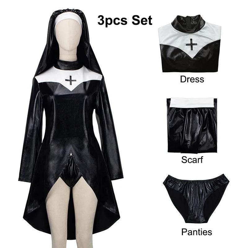 Sexy Gothic Nun Latex Costume High Split Cross Dress Women - ToylandEU