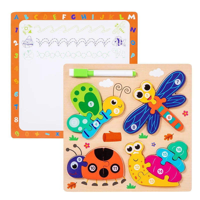 Montessori Wooden Puzzle | 3D Animal Vehicle Shapes | Drawing Board | Ages 3-6