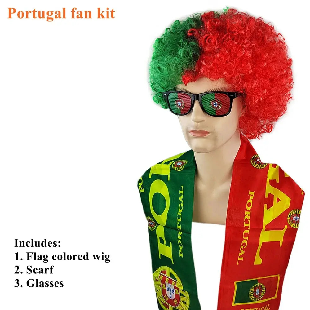 Soccer Match National Flag Color Explosion Hair Wig Fan Hairpiece with Scarf and Glasses Set European National Team Costume - ToylandEU