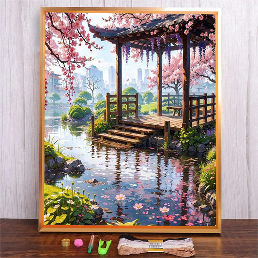 Water Pavilion Landscape Cross Stitch Kit - 11CT Embroidery Set for Home Decor with Cotton Threads and Printed Fabric