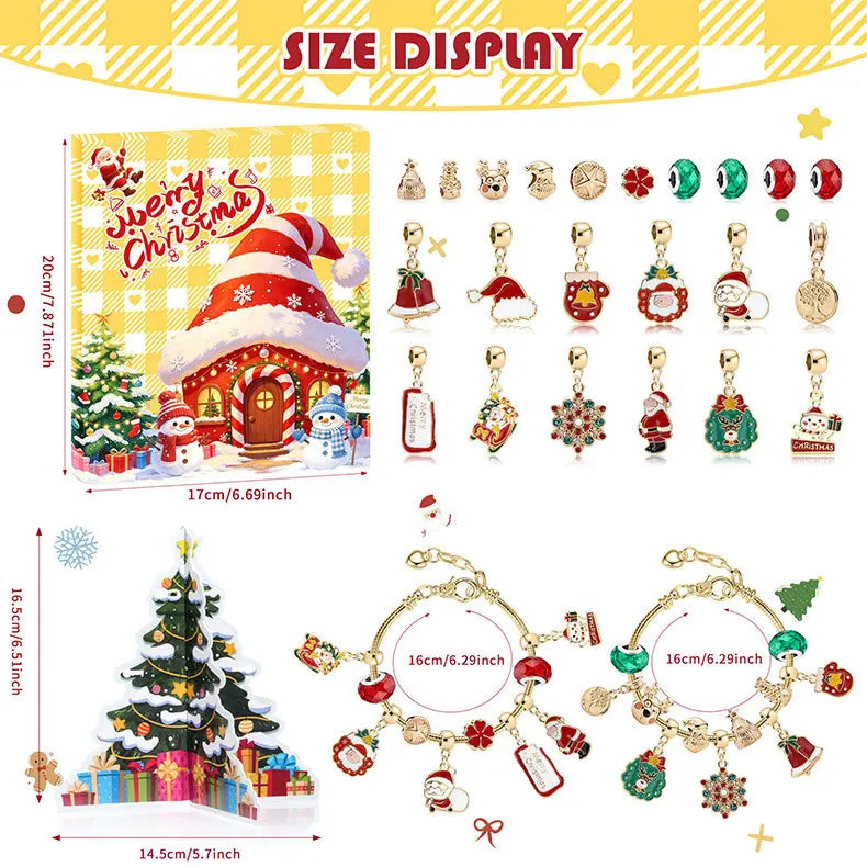 Advent Calendar | 24 Day Pendant Bracelet Gift Set | Alloy Metal Charms | Christmas Countdown Jewelry