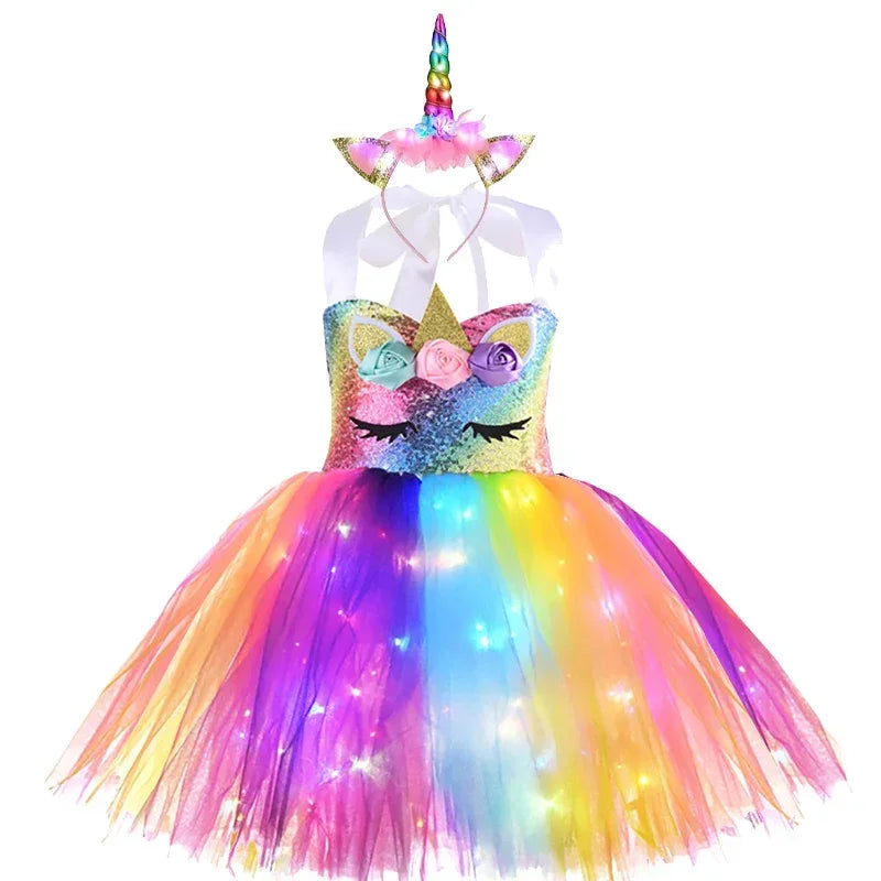 Girls' Enchanting Rainbow Unicorn Tutu Dress - Sparkling Fancy Costume with Glow-in-the-Dark Details