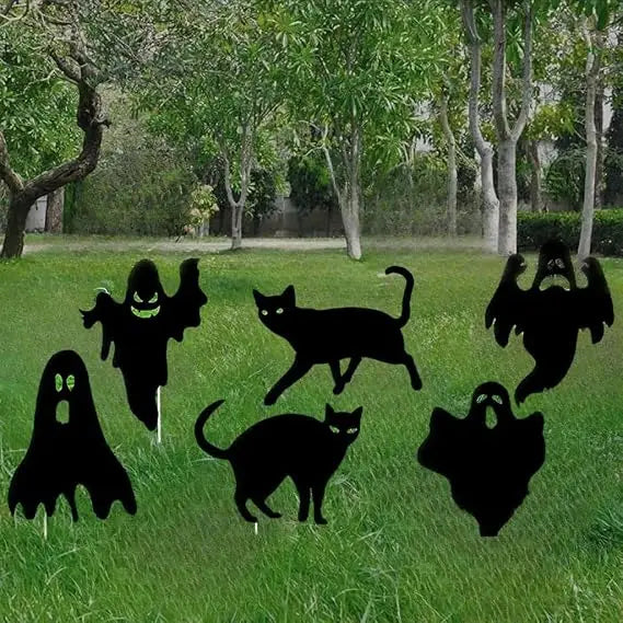Halloween Yard Signs | Cat And Ghost Figures | Includes Ground Stakes | 6 Piece Set