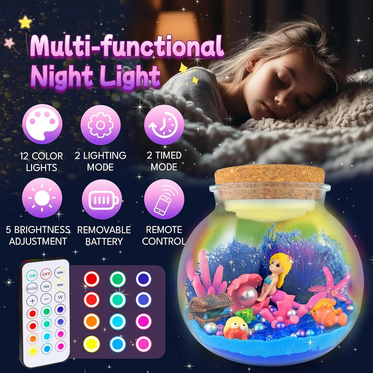 Mermaid Terrarium Craft Kit | LED Night Light | Remote Control for Kids