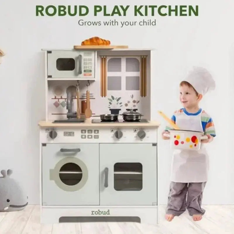 Robotime Robud Play Kitchen Wooden Play Kitchen Set Pretend Playset w/ Lights & Sounds Gift for Girls Boys Age 3+ Light Green - ToylandEU