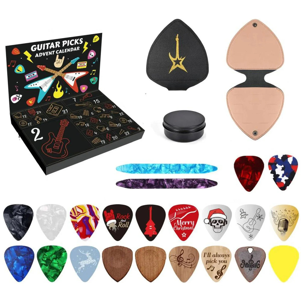 Advent Calendar | 24 Day Guitar Pick Set | 20 Picks 2 Oud Picks And Holder | Gift For Guitar Bass Ukulele Players