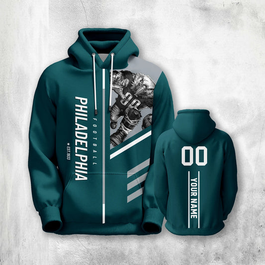 Personalized Philadelphia Football Hoodie for All Ages - 3D Printed City Mascot Sweatshirt with Custom Name & Number (S-5XL)