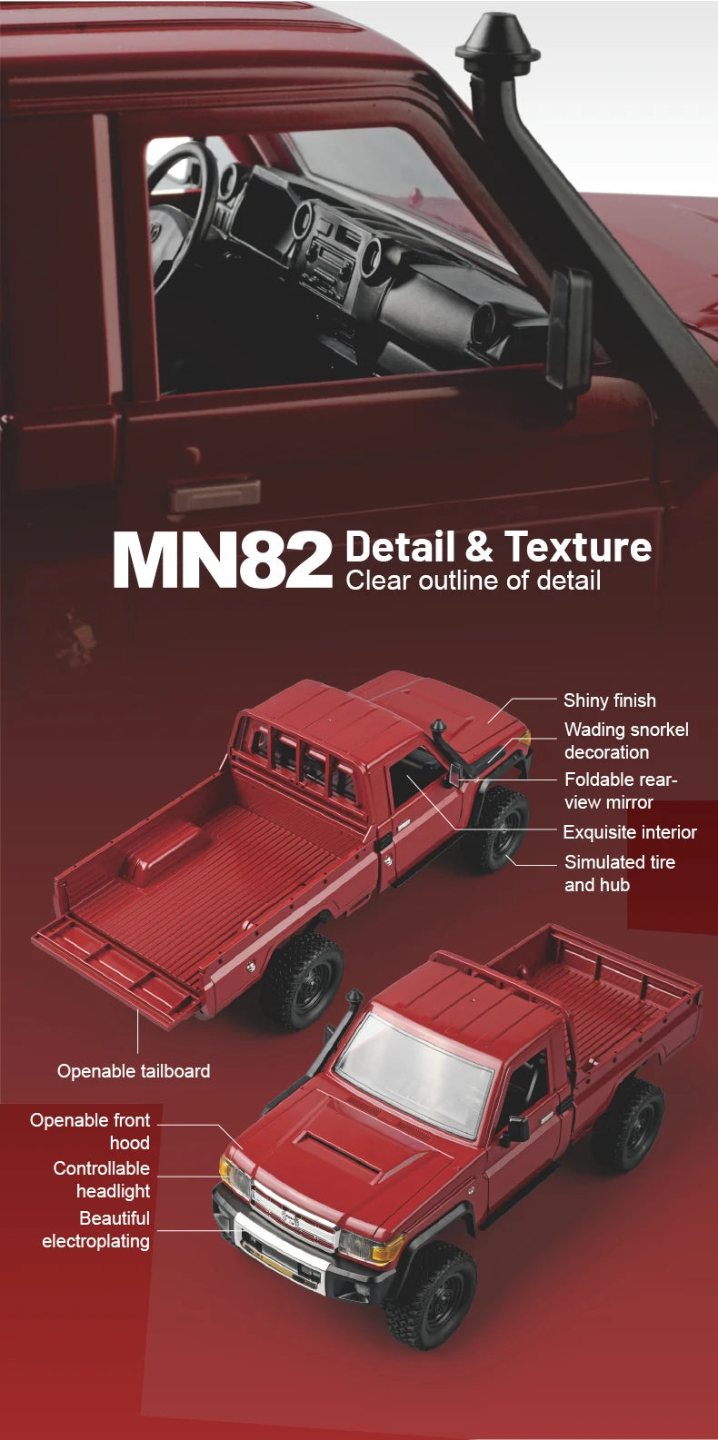 RC JJRC MN82 1:12 Scale 4x4 Remote Control Pickup Truck with LED Lights - Simulation Model for Kids & Hobbyists