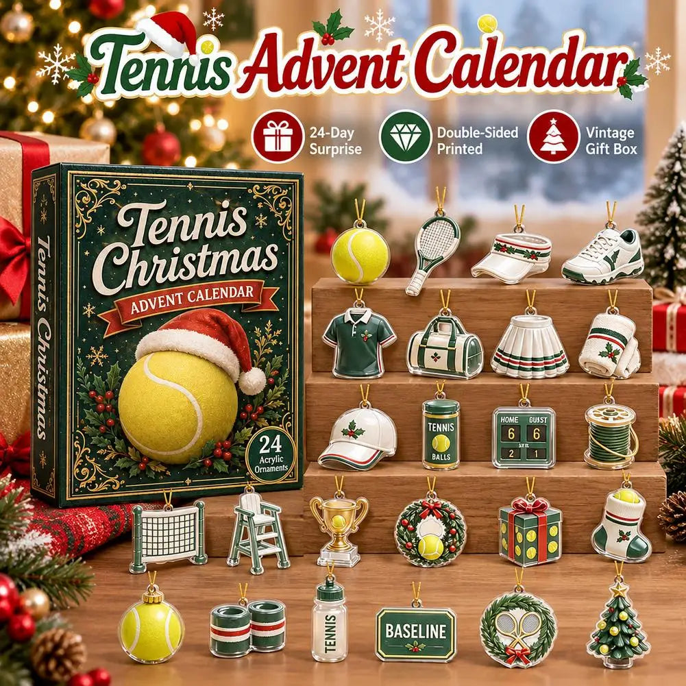 Advent Calendar | 24 Day Tennis Theme | Acrylic Visors Nets And Trophies | Sports Christmas Tree Ornaments