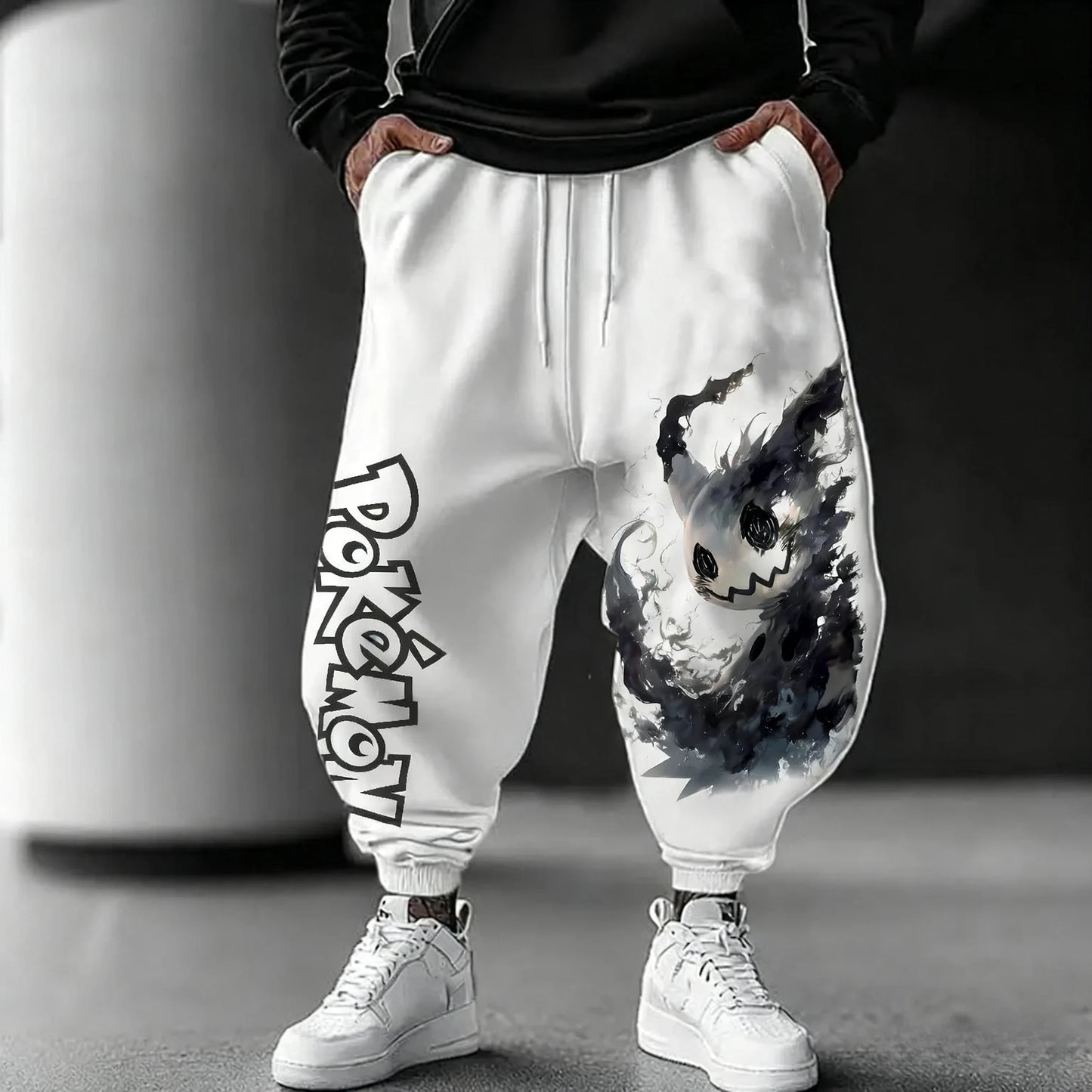 Sweatpants | Pokemon Mimikyu Print | White Cotton | Men's Autumn Winter